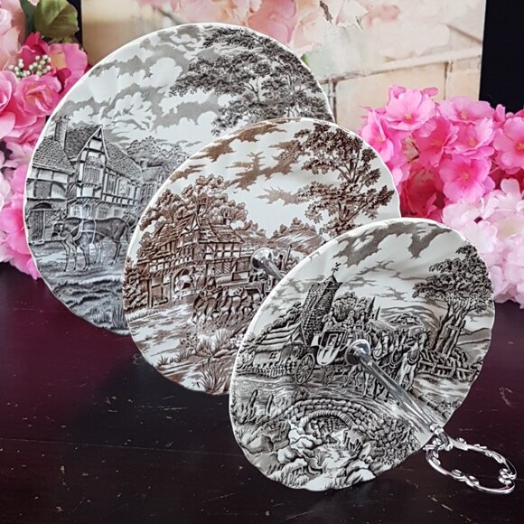 Handmade 3-Tier Brown Transferware Farmhouse Cake Stand Tea Party Christmas Gift - Picture 7 of 12